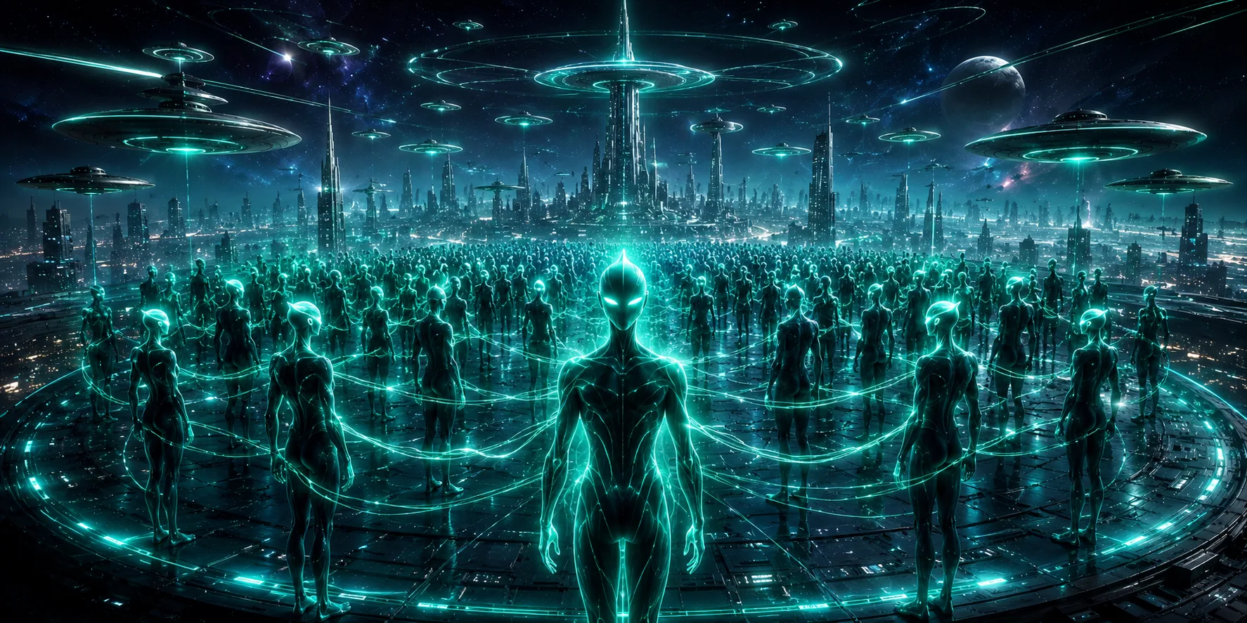 Monjarians gathered before a vast alien city, preparing for contact