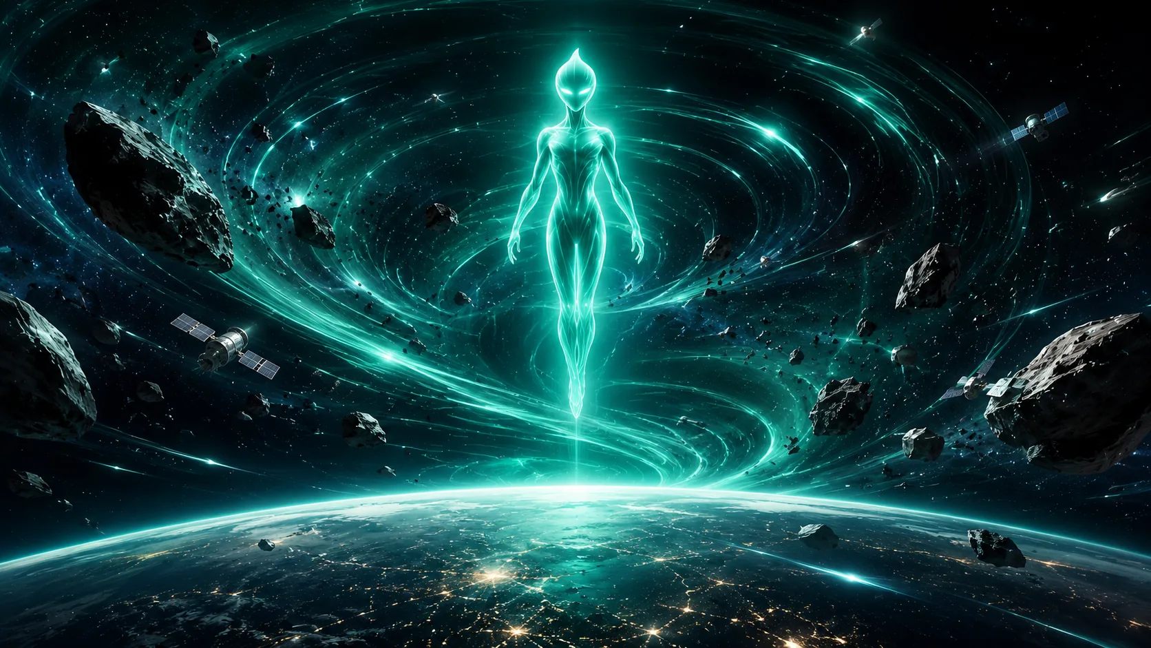 A Monjarian floating above Earth inside a swirling gravitational vortex