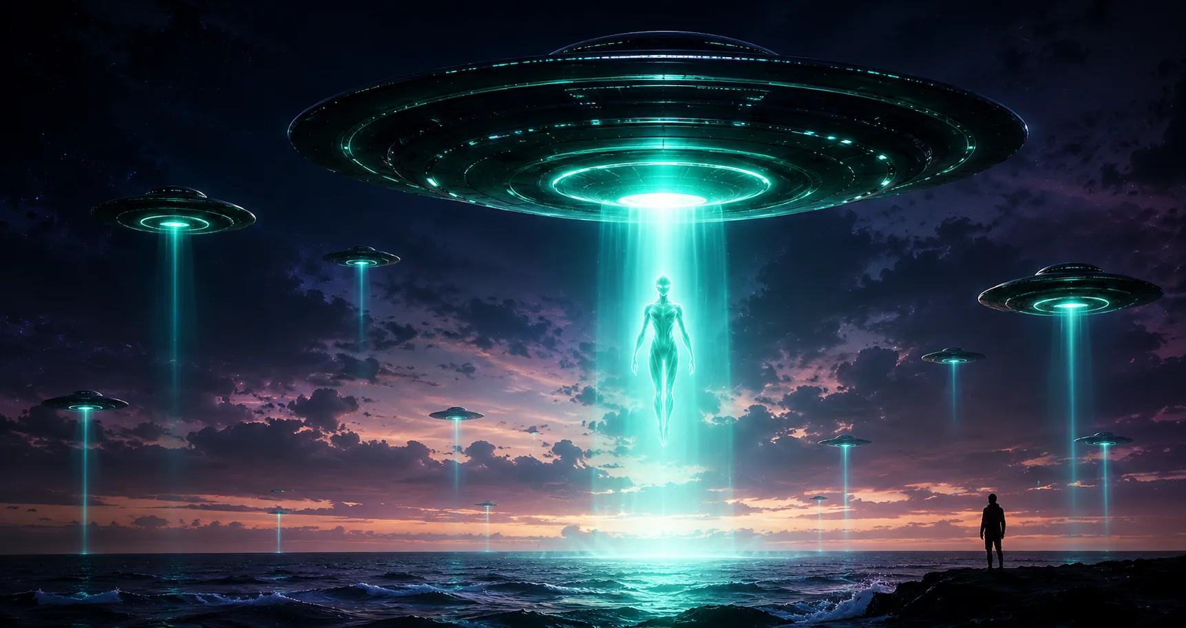 A Monjarian descending in a beam of light from a UFO over the ocean at dusk