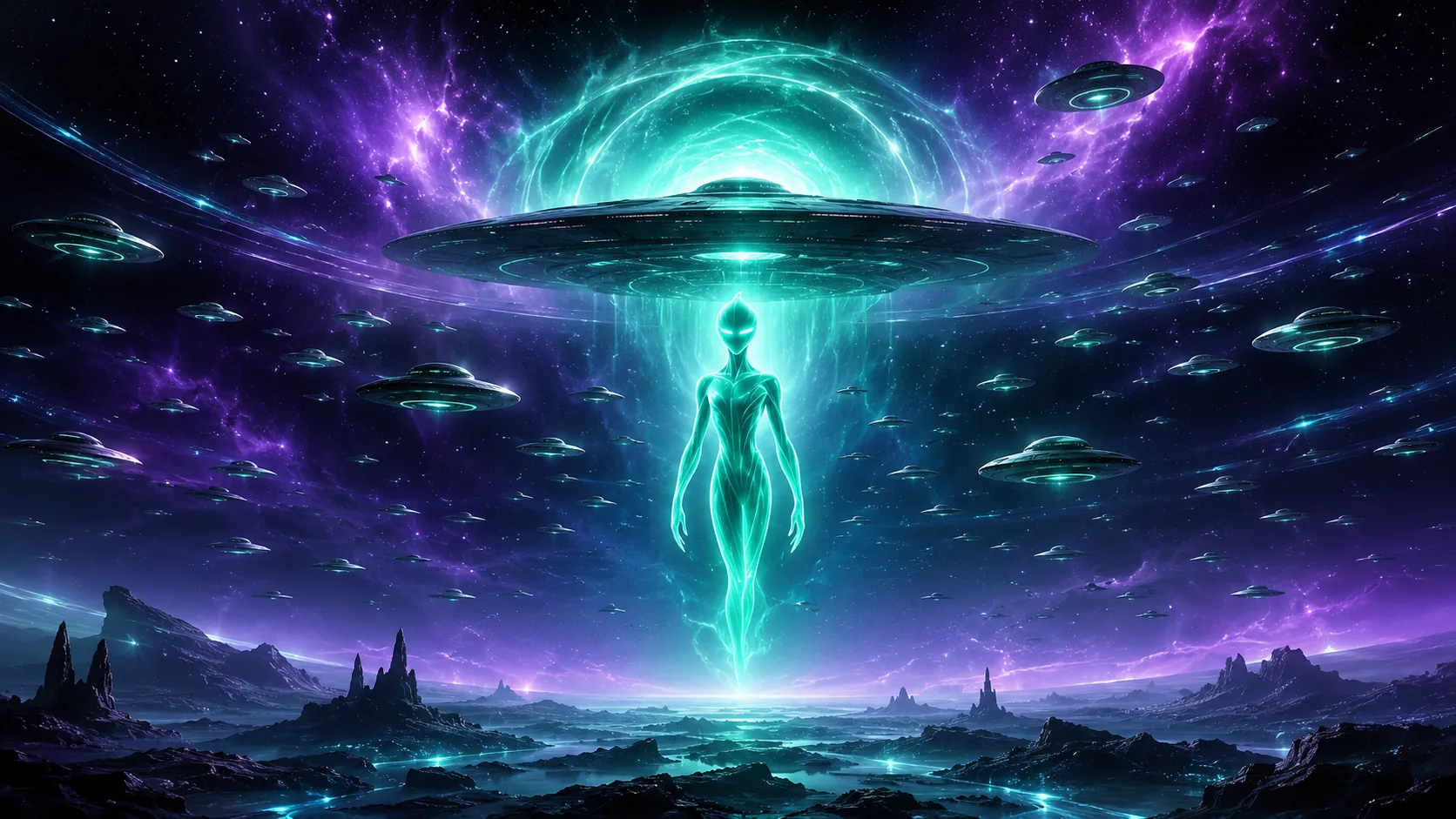 Monjarian descending through a galactic alignment above an alien landscape